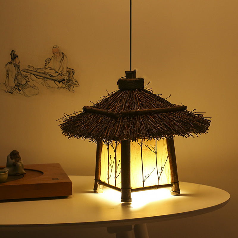 Rustieke huisvormige hanglampverlichting bamboe 1 hoofd traanhangend plafond licht in bruin
