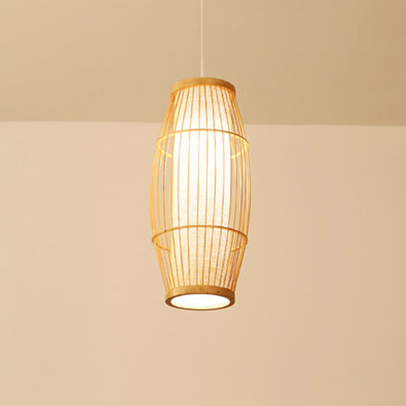 Elliptical Hanging Pendant Light Asian Bamboo 1 Bulb Living Room Small/Medium/Large Ceiling Hang Lamp in Beige