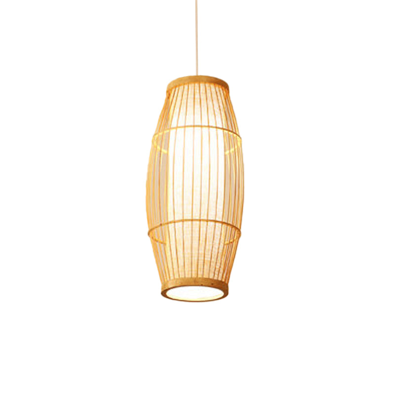 Elliptical Hanging Pendant Light Asian Bamboo 1 Bulb Living Room Small/Medium/Large Ceiling Hang Lamp in Beige
