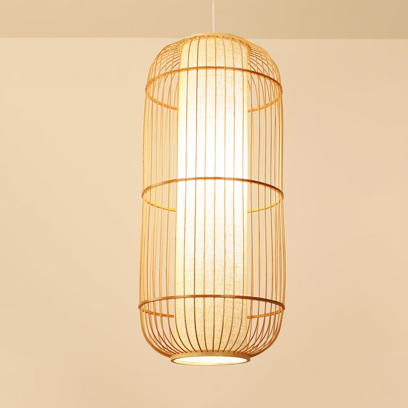 Elliptical Hanging Pendant Light Asian Bamboo 1 Bulb Living Room Small/Medium/Large Ceiling Hang Lamp in Beige