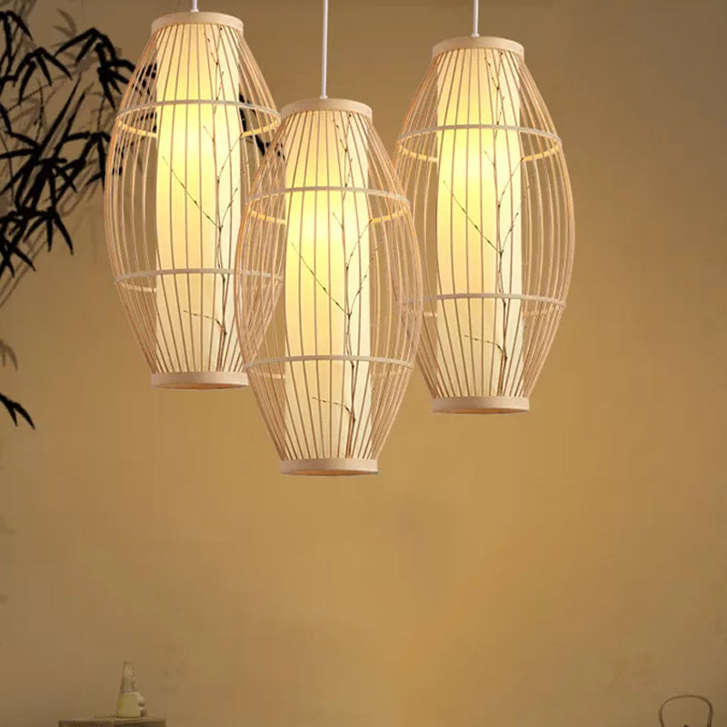Aziatische 1-head hanger lichtarmatuur beige ovale plafond suspensie lamp met bamboeschaduw, 14 "/19.5" /31,5 "breed