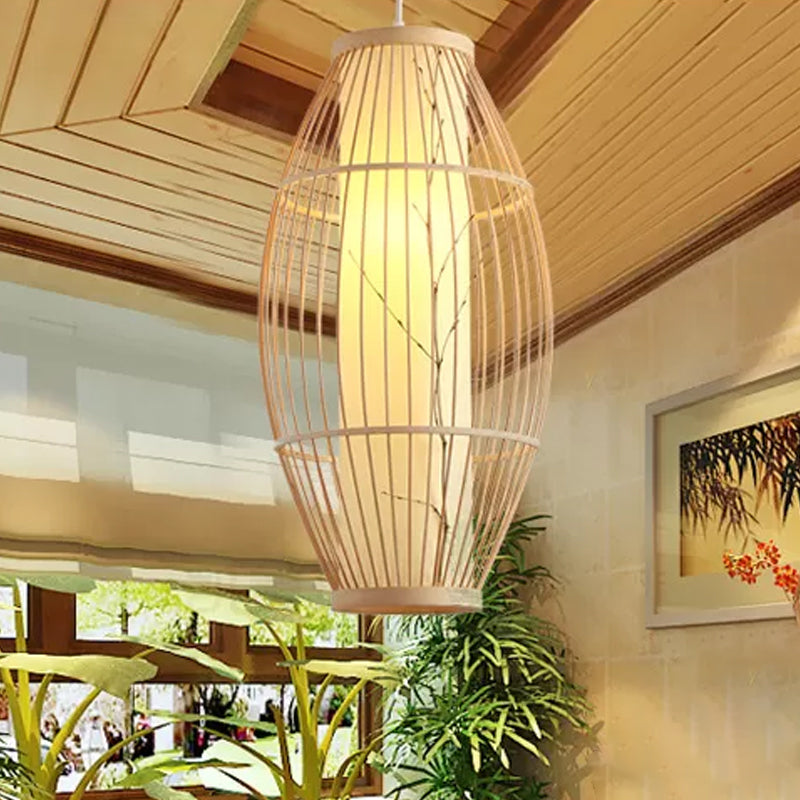 Aziatische 1-head hanger lichtarmatuur beige ovale plafond suspensie lamp met bamboeschaduw, 14 "/19.5" /31,5 "breed