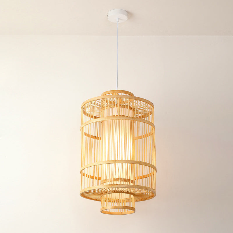 Diamond/Drum/Barrel Drop Pendant Asian Style Bamboo 1-Light Restaurant Hanging Light Kit in Beige
