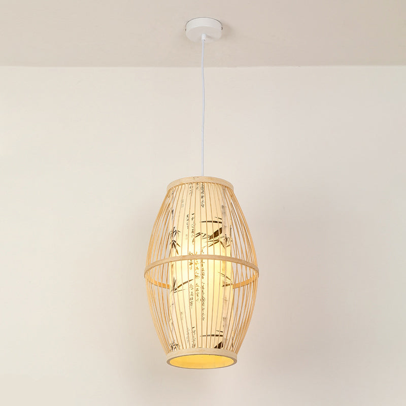 Diamond/Drum/Barrel Drop Pendant Asian Style Bamboo 1-Light Restaurant Hanging Light Kit in Beige