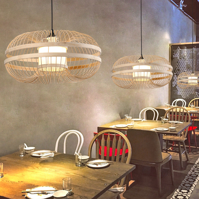Bamboe cilinder/lantaarn/drum hanger Japanse stijl 1 bol hangend plafondlicht in beige voor restaurant