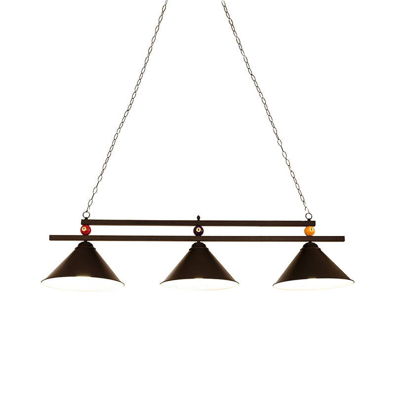 Industrial Style Cone Shade Ceiling Pendant 3 Heads Metal Island Lighting with Billiard Ball Deco in Black/Red