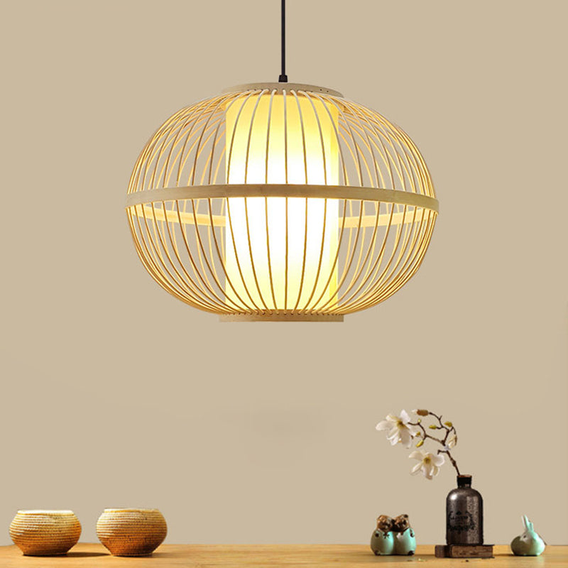 14 "/16" /23.5 "W ovale suspensieverlichting Aziatische bamboe 1-licht beige hanger lichtarmatuur met binnenschaduw