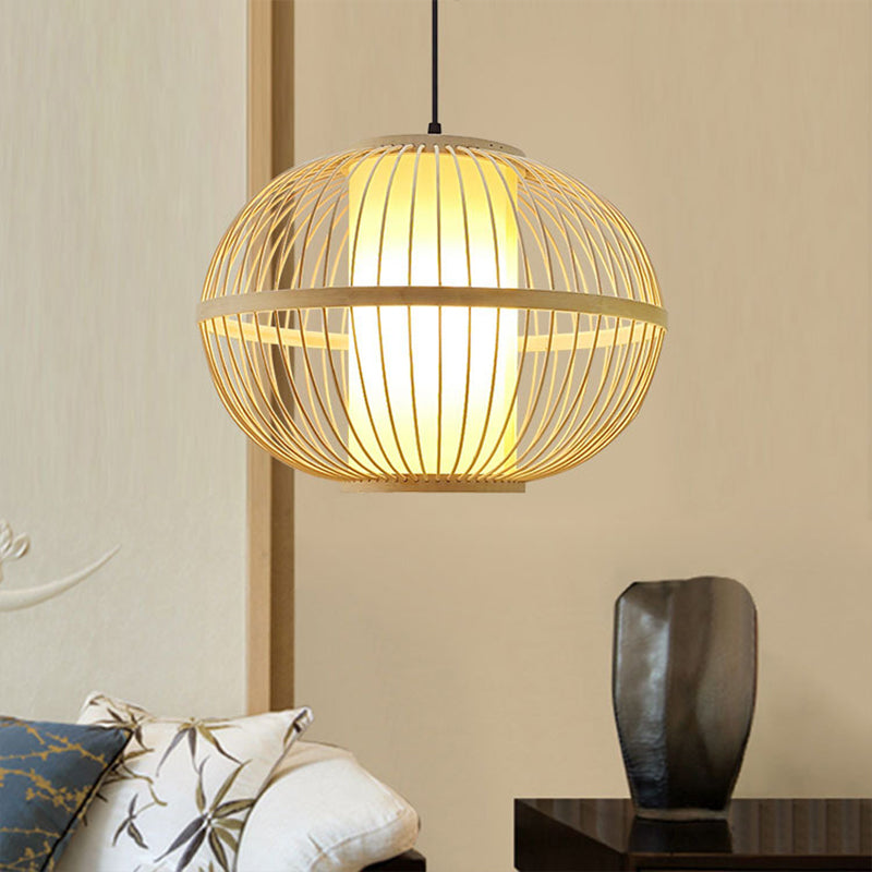 14 "/16" /23.5 "W ovale suspensieverlichting Aziatische bamboe 1-licht beige hanger lichtarmatuur met binnenschaduw