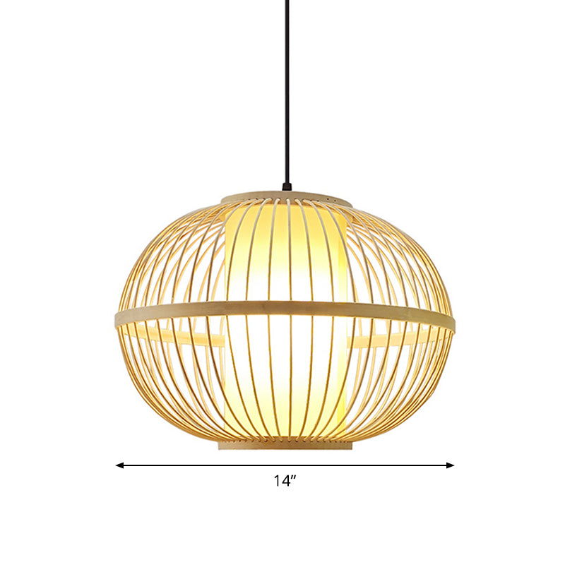 14 "/16" /23.5 "W ovale suspensieverlichting Aziatische bamboe 1-licht beige hanger lichtarmatuur met binnenschaduw