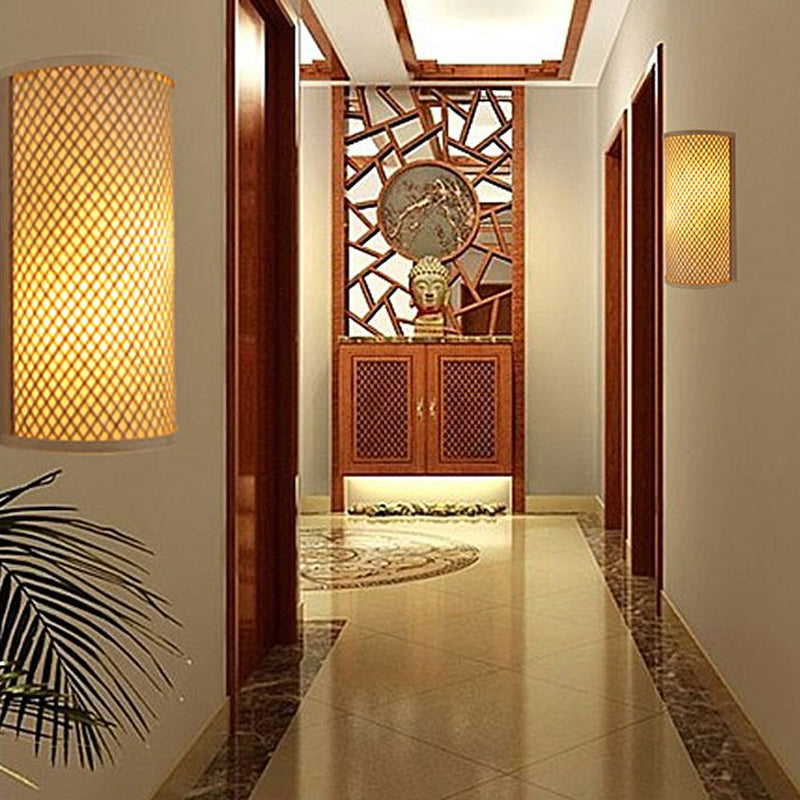 Half-Cylindrical Flush Mount Wall Light Minimalist Bamboo 1 Head Hallway Wall Sconce in Beige