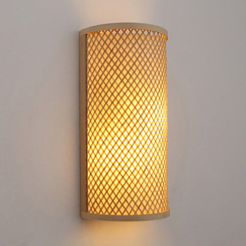 Half-Cylindrical Flush Mount Wall Light Minimalist Bamboo 1 Head Hallway Wall Sconce in Beige