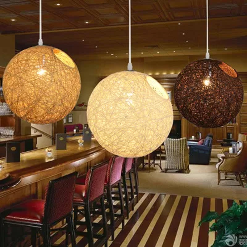 Rattan Globe Suspension Light Contemporary Single-Bulb Blue/Pink/Red Ceiling Pendant Lamp with Cut-out Hole