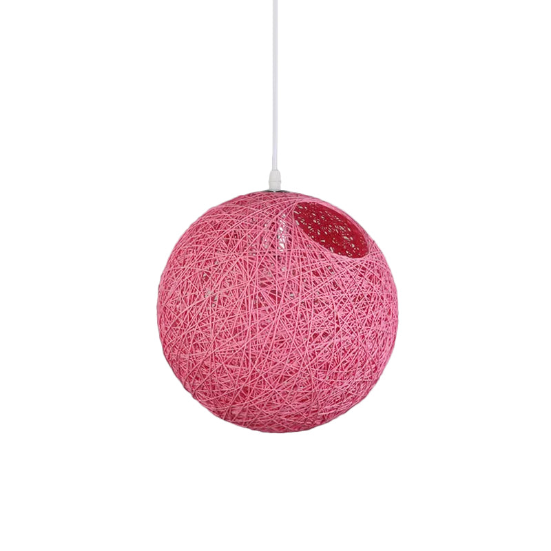 Rattan Globe Suspension Light Contemporary Single-Bulb Blue/Pink/Red Ceiling Pendant Lamp with Cut-out Hole