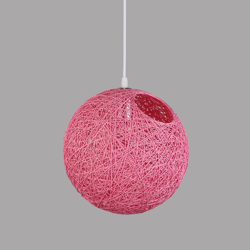 Rattan Globe Suspension Light Contemporary Single-Bulb Blue/Pink/Red Ceiling Pendant Lamp with Cut-out Hole