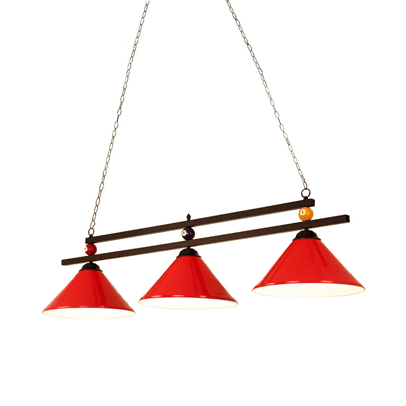 Industrial Style Cone Shade Ceiling Pendant 3 Heads Metal Island Lighting with Billiard Ball Deco in Black/Red