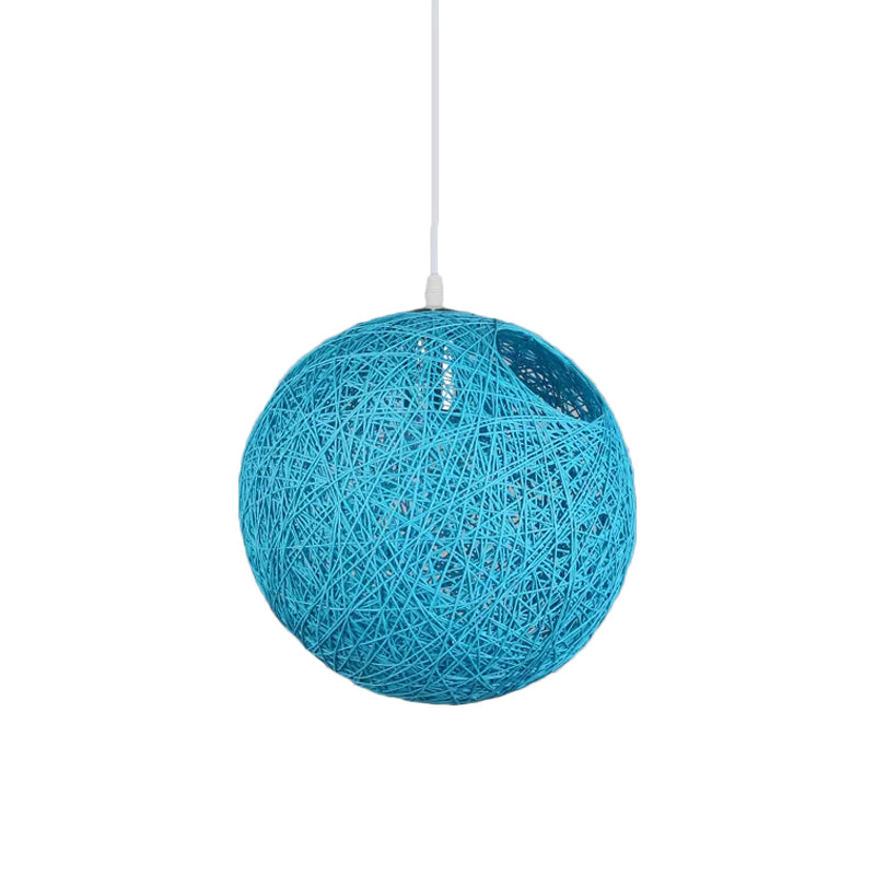 Rattan Globe Suspension Light Contemporary Single-Bulb Blue/Pink/Red Ceiling Pendant Lamp with Cut-out Hole