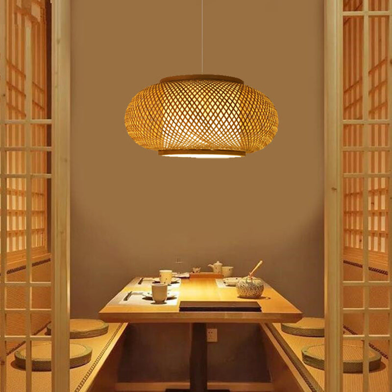 1-Licht-Restaurant Anhängerlampe Asian beige Pendellicht mit runden/ovalem/Drum Rattan Farbton