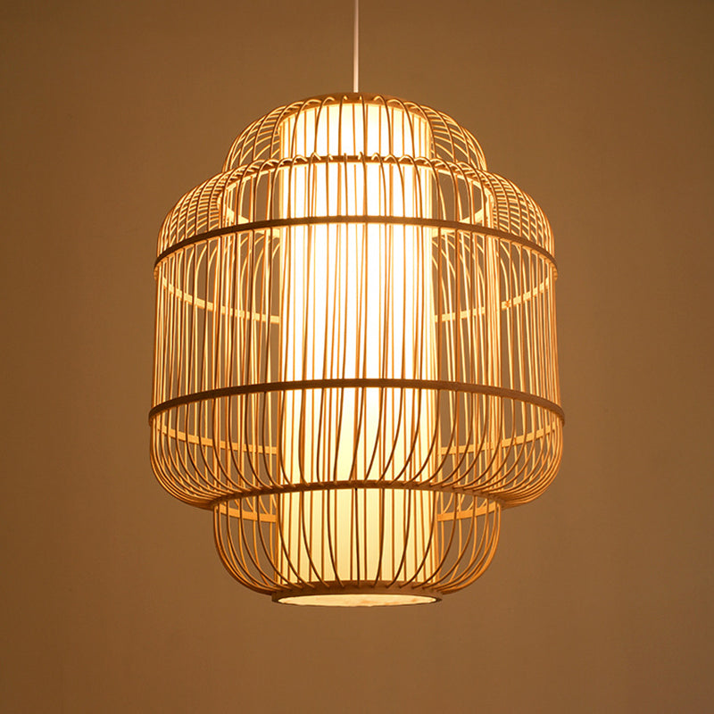 Cylinder/Donut/Raindrop Hanging Pendant Light Asian Bamboo 1 Bulb Beige Ceiling Light with Shade Inside