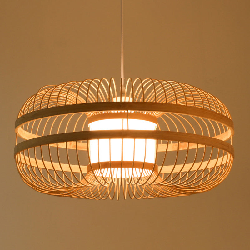Cylinder/Donut/Raindrop Hanging Pendant Light Asian Bamboo 1 Bulb Beige Ceiling Light with Shade Inside