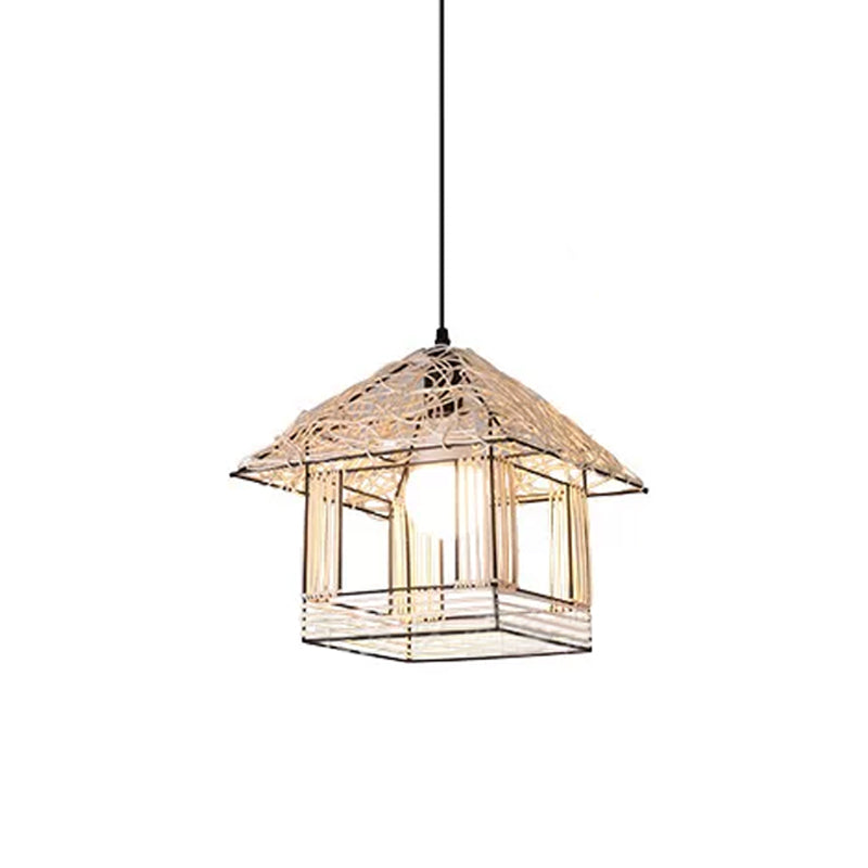 Ruffled Hat/Spiral/House Hanging Lamp Modernist Rattan 1-Licht Beige Hanglamp Lamp met een overzicht over tafel