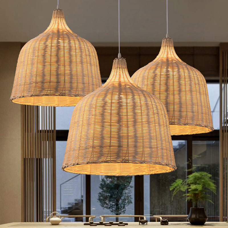 Rattan Cloche -förmiges Pendellicht zeitgenössische 1 Glühbirne 10 "/14"/23,5 "breite beige Decke Hanglampe für die Teestube
