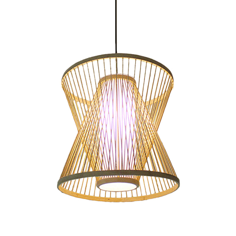 Funnel/Urn/Pear Ceiling Hang Light Asian Bamboo Single-Bulb Tearoom Hanging Pendant in Beige