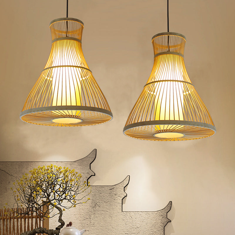 Funnel/Urn/Pear Ceiling Hang Light Asian Bamboo Single-Bulb Tearoom Hanging Pendant in Beige