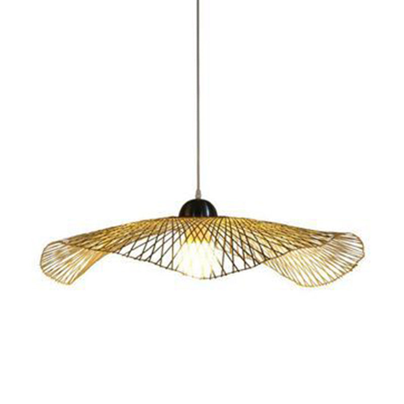 Asian Lotus Leaf Shape Pendant Lighting Bamboo 1 Bulb 14"/25.5"/41" Wide Restaurant Hanging Light Fixture in Beige