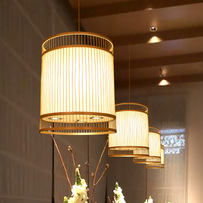 Beige Cylindrical Suspension Pendant Contemporary 1-Light Bamboo Ceiling Hang Lamp for Restaurant