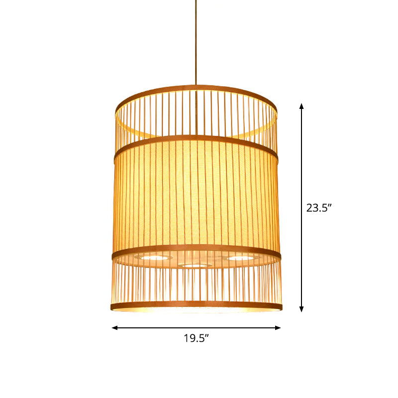 Beige Cylindrical Suspension Pendant Contemporary 1-Light Bamboo Ceiling Hang Lamp for Restaurant