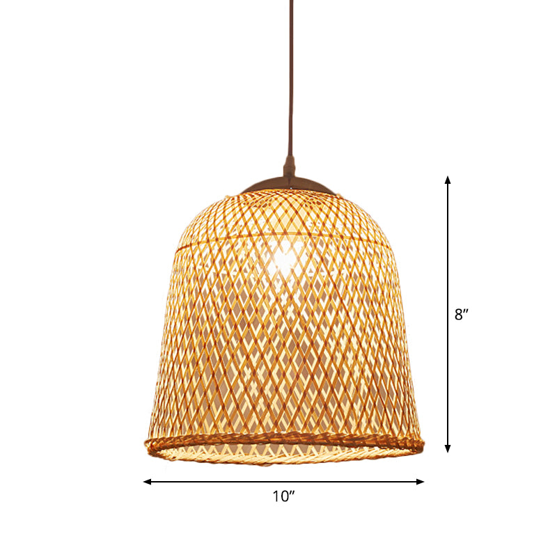 Bell/Bowl/Bottle Hallway Drop Pendant Criss-Cross Woven Bamboo Single-Bulb Asian Hanging Lamp in Beige