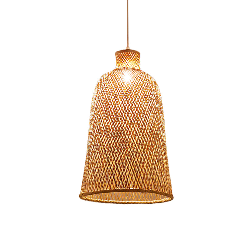 Bell/Bowl/Bottle Hallway Drop Pendant Criss-Cross Woven Bamboo Single-Bulb Asian Hanging Lamp in Beige