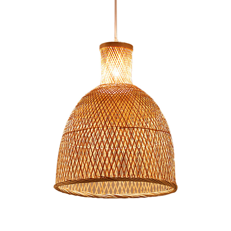 Bell/Bowl/Bottle Hallway Drop Pendant Criss-Cross Woven Bamboo Single-Bulb Asian Hanging Lamp in Beige