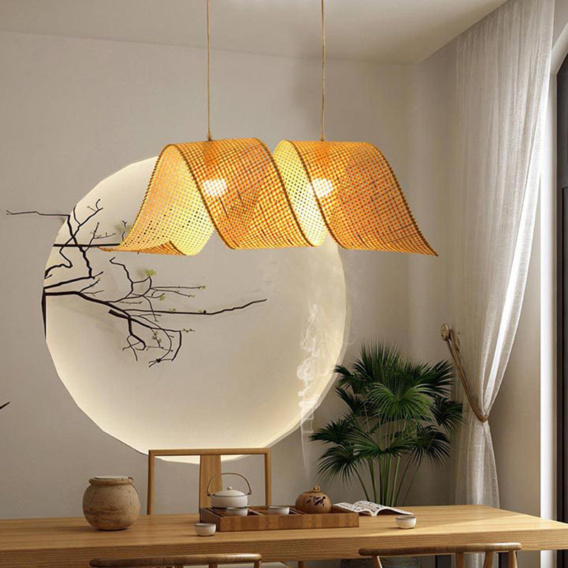 Twisted Bamboo Mesh Pendant Light Creative Creative Asian Style 1-Light Beige Plafond Suspension Lampe