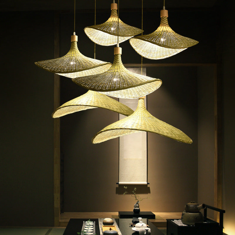 Floppy Hat Shaped Pendant Lamp Modern Bamboo 12.5"/17"/29" Wide 1/3-Light Beige Hanging Light Fixture for Tearoom