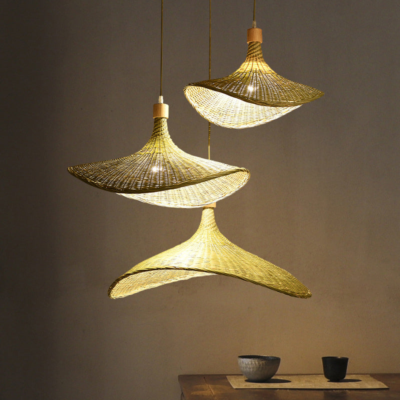 Floppy Hat Shaped Pendant Lamp Modern Bamboo 12.5"/17"/29" Wide 1/3-Light Beige Hanging Light Fixture for Tearoom