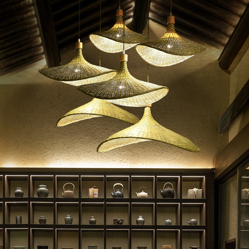 Floppy Hat Shaped Pendant Lamp Modern Bamboo 12.5"/17"/29" Wide 1/3-Light Beige Hanging Light Fixture for Tearoom