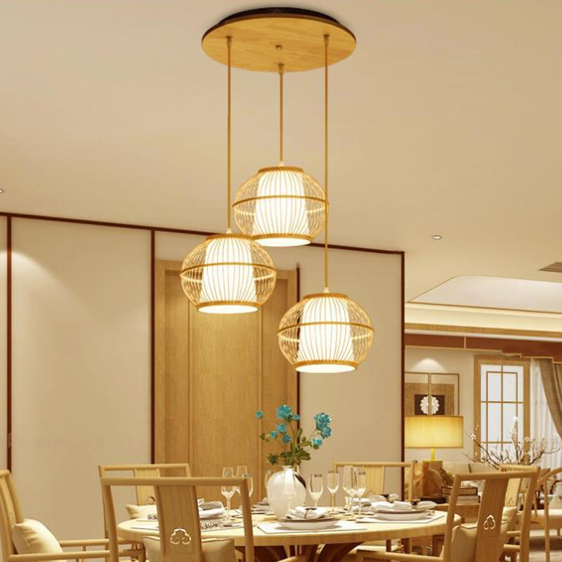 Sferische bamboe hangende lamp Aziatisch 1 licht 10 "/14"/18 "breed beige opgehangen verlichtingsarmatuur met interieurschaduw
