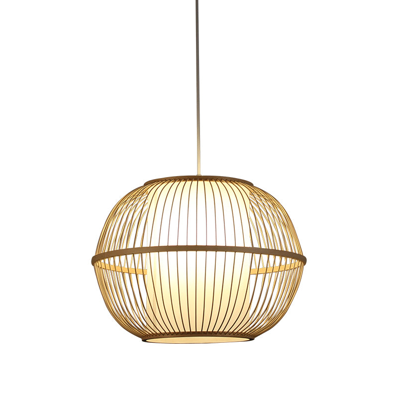 Spherical Bamboo Hanging Lamp Asian 1 Light 10"/14"/18" Wide Beige Suspended Lighting Fixture with Interior Shade