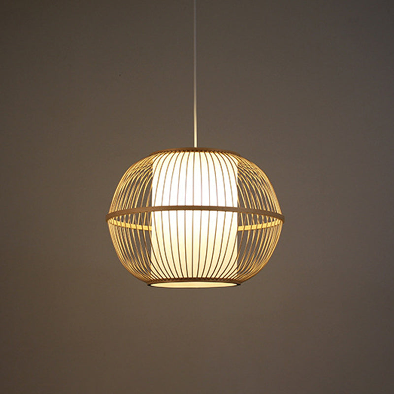 Spherical Bamboo Hanging Lamp Asian 1 Light 10"/14"/18" Wide Beige Suspended Lighting Fixture with Interior Shade