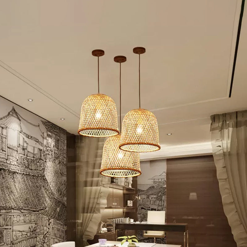 1 tête bistro pendule léger asiatique beige suspendu pendant avec bol / jar / cloche bambou nuage