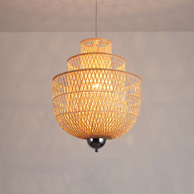 Omgekeerde 3-laags bamboe hanger lamp Modern 1-licht beige opgeschort verlichtingsarmatuur voor restaurant, 18 "/23.5" /31,5 "W