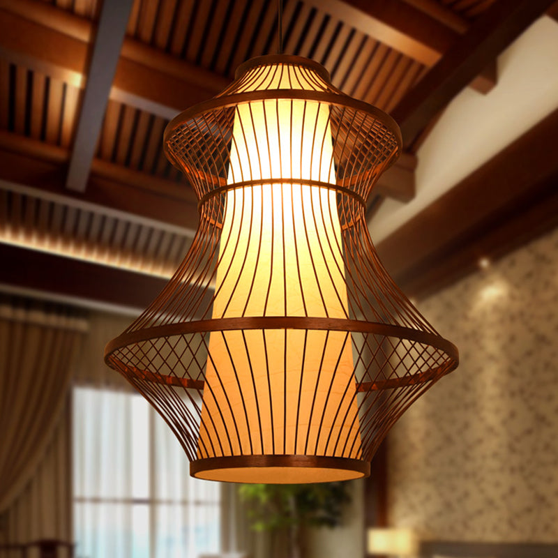 16"/19.5"/23.5" W 1-Bulb Bistro Pendant Light Asian Brown Hanging Light Kit with Urn Bamboo Shade