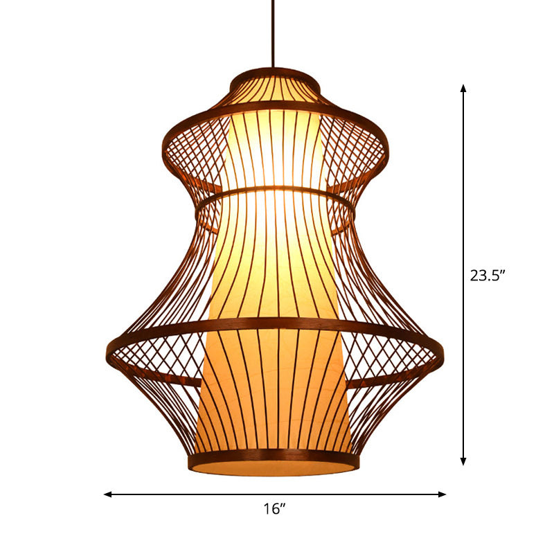 16"/19.5"/23.5" W 1-Bulb Bistro Pendant Light Asian Brown Hanging Light Kit with Urn Bamboo Shade