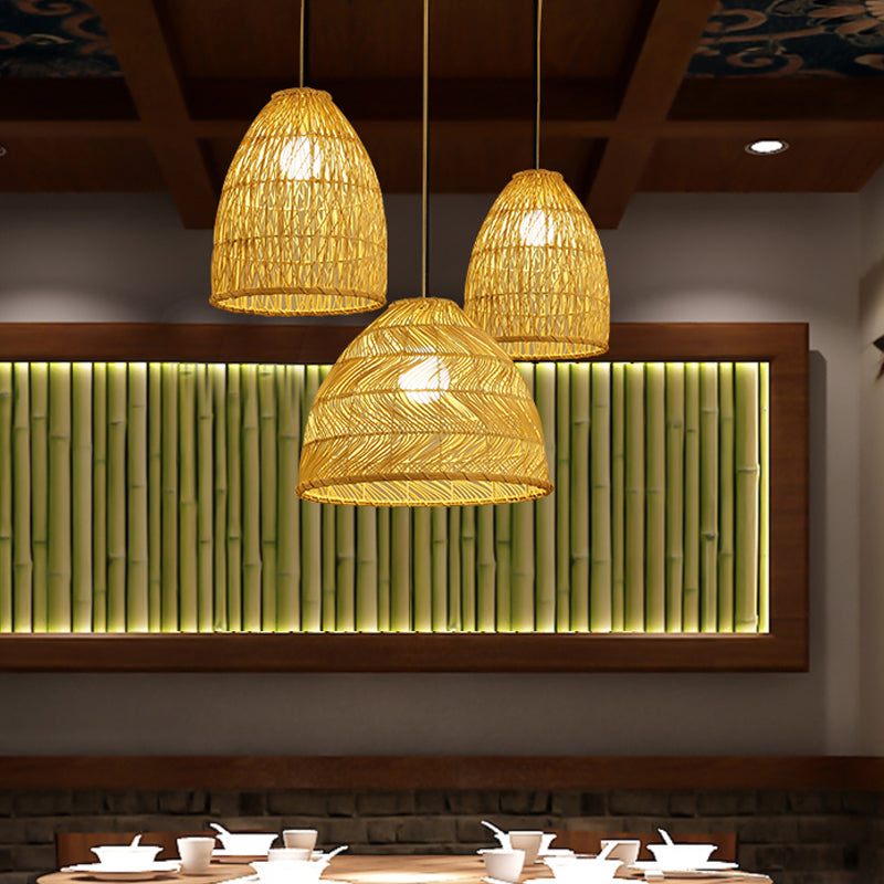 Asia Bell Shade Pendant Lighting Fixture Bamboo 16"/19.5"/23.5" Wide 1 Light Dining Room Suspension Lighting in Beige