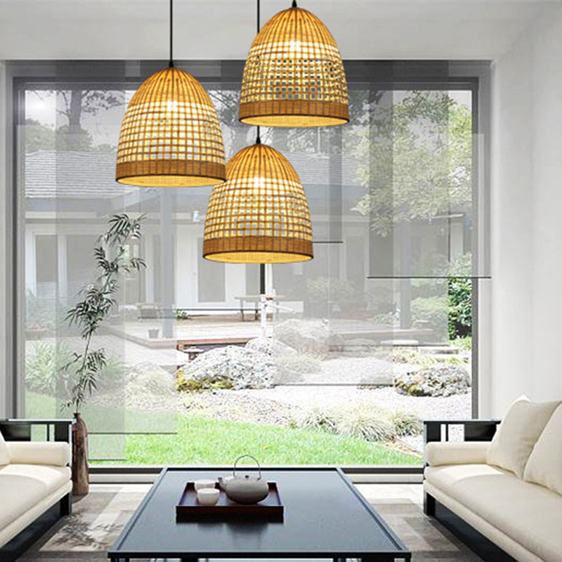 Handklasige bel plafond hanger Chinese bamboe single woonkamer hangende lamp in beige, 16 "/19,5" breedte