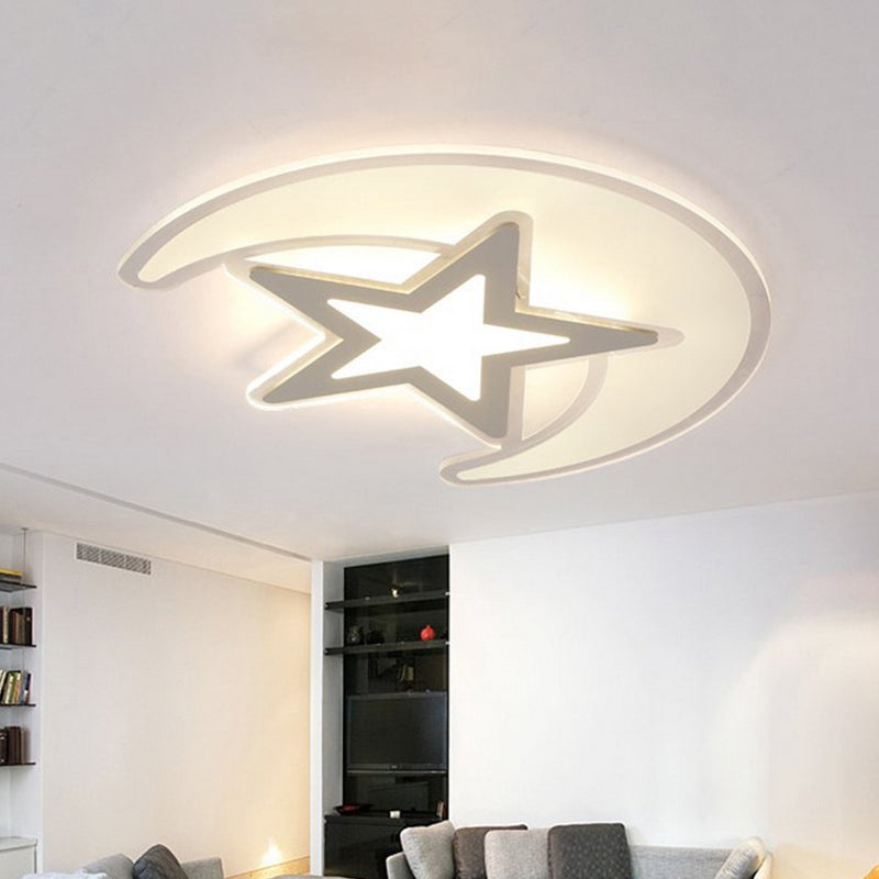 Moon and Star LED Ceiling Lighting Nordic Acrylic White Flush Mount Lamp in Warm/White Light, 16.5"/20.5"/31" W