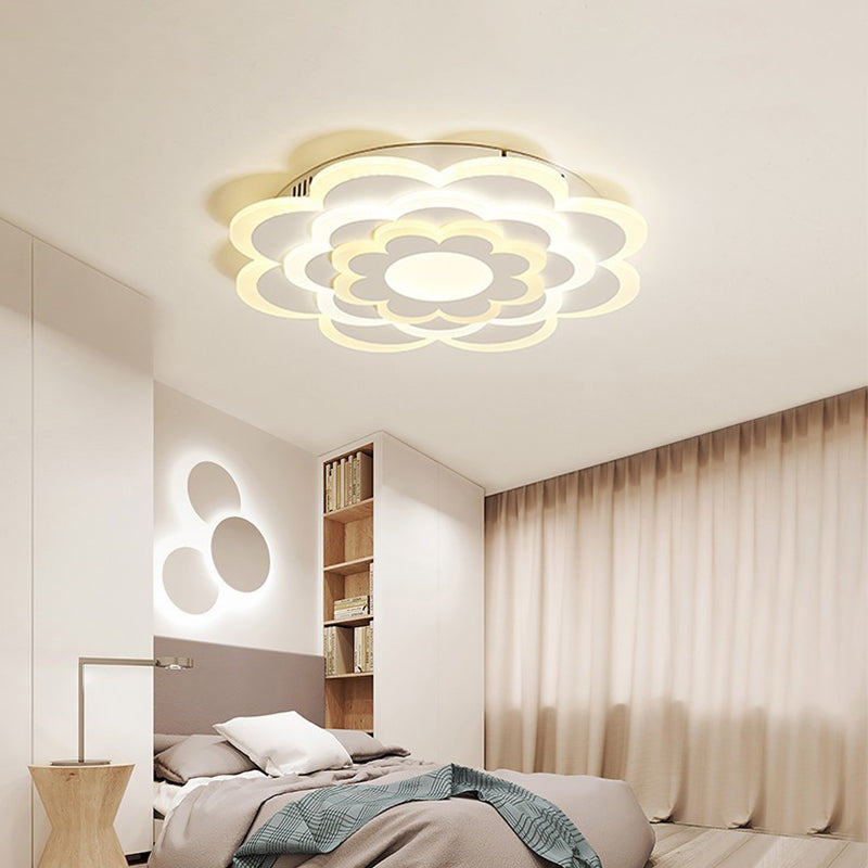 Bedroom LED Flush Mount Lamp Modern White Ceiling Light Fixture with Layered Flower Acrylic Shade, Warm/White Light
