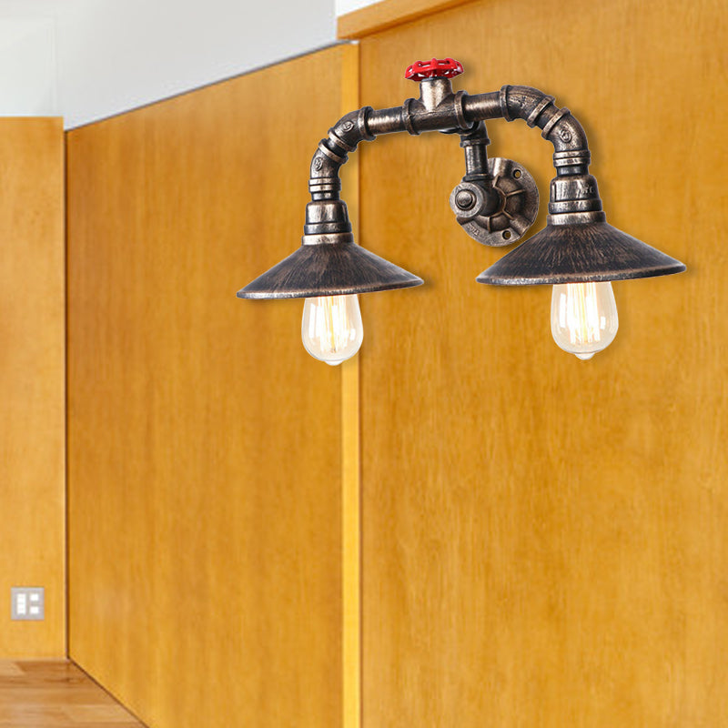 Conical Farmhouse Wall Light Fixture with Pipe and Valve Industrial Rustic Iron 2 Lights Weathered Bronze Sconce Light