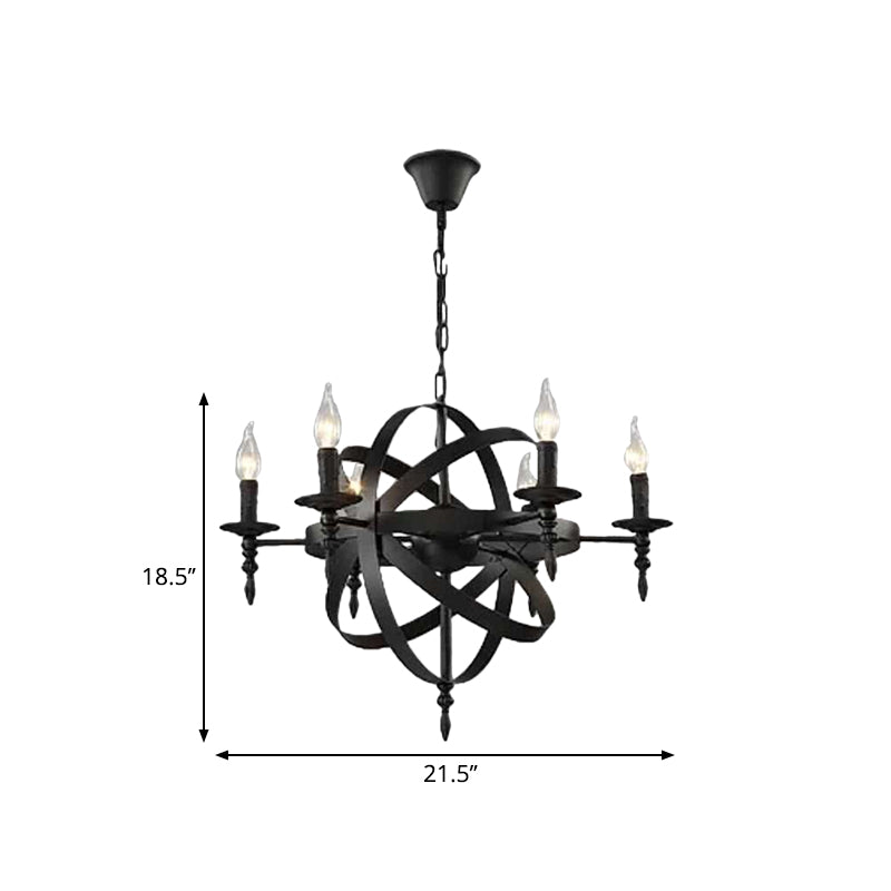 Candle Metallic Chandelier Light Fixture with Spherical Cage Shade Vintage 6/8 Heads Restaurant Ceiling Light in Black/Rust